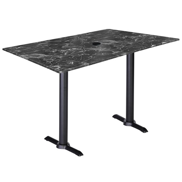 Two 30 Tall Blk Table Bases w22 Foot, 30x48 Blk Marble Top wUmbrella Hole, IndoorOutdoor